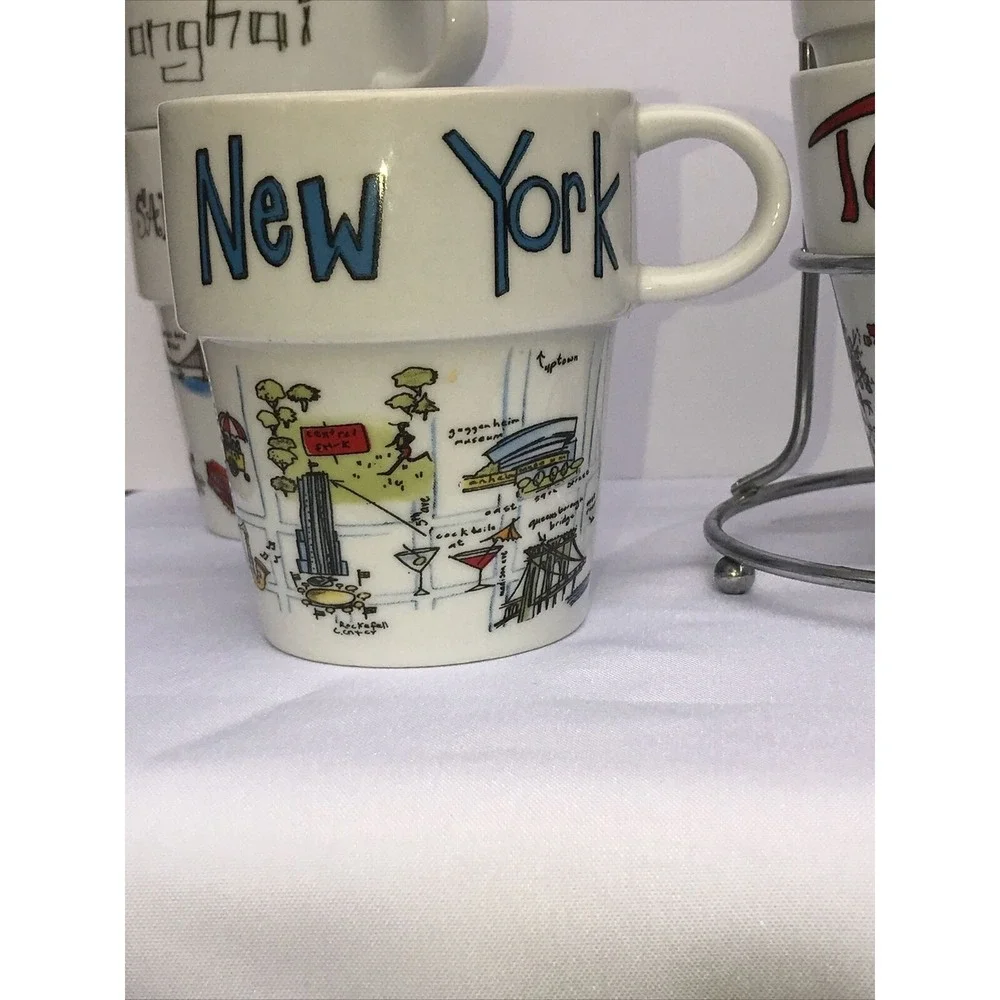 WORLD MARKET 6 COFFEE CUPS with Metal holder NYC/SAN Fran, Paris Rome,‎ Shaghia